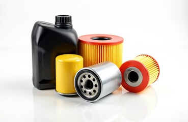 Car engine parts including oil and air filters are displayed together. These components ensure vehicle maintenance and smooth motor operation for optimal performance.