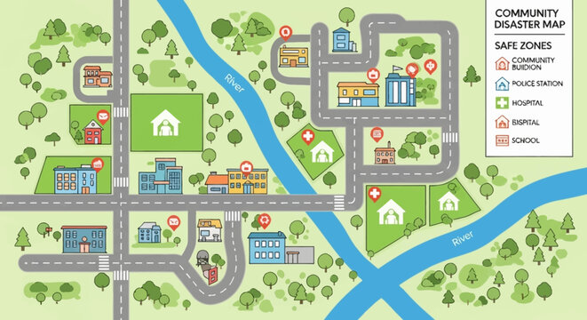 Community disaster map showing roads, buildings, river, safe zones, and key locations like hospitals and shelters, with legend explaining the symbols used for emergency planning