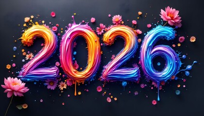 Bright and colorful celebration of New Year 2026 with flowers, paint swirls, and vibrant numbers against a dark background Generative AI