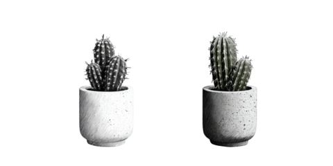 Two cacti in white pots against a black background. Simple, grayscale plants, modern