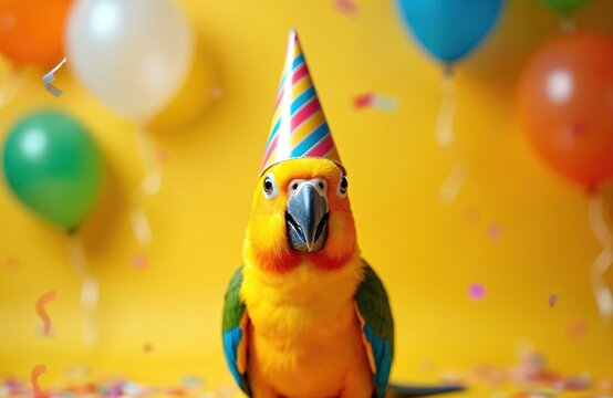 Funny parrot wears party hat. Bird celebrates birthday with balloons and confetti. Colorful parrot has festive mood for fun event. A pet parrot is smiling.