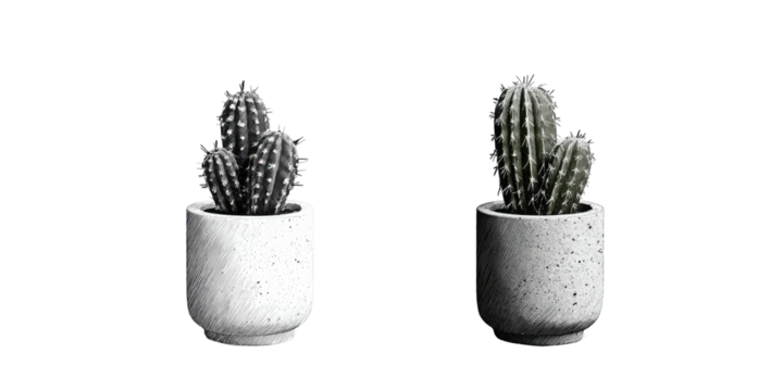 Two cacti in white pots against a black background. Simple, grayscale plants, modern
