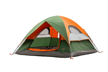 A vibrant, open camping tent with green, orange, and white panels against a black background