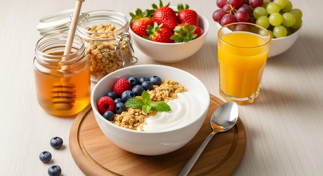 Healthy breakfast bowl with yogurt berries and granola - Powered by Adobe