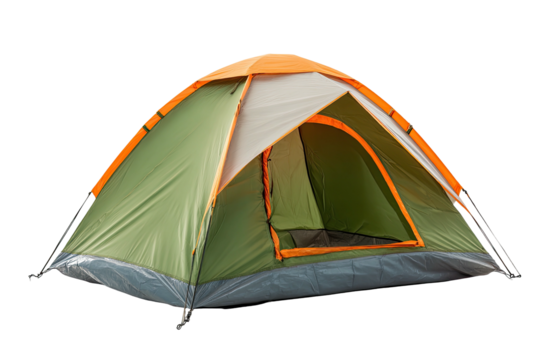 A vibrant, open camping shelter with a green and orange design, isolated on a black background