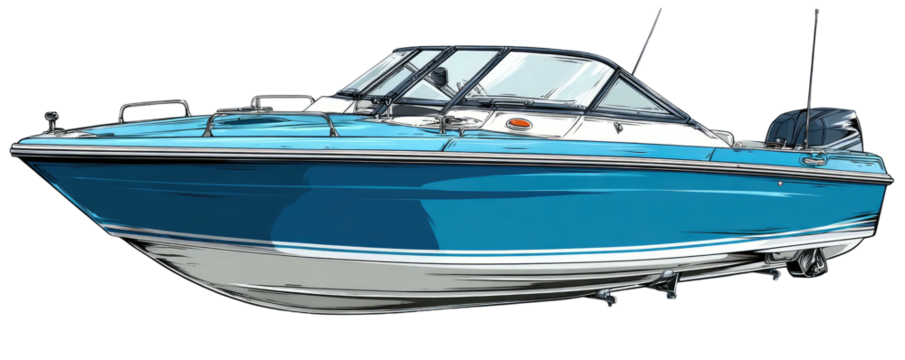 A side view of a small motorboat. It is light blue with a white lower hull, and a windshield