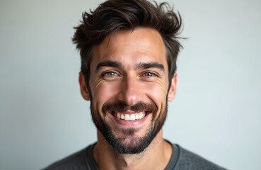 Obraz premium Smiling man with short dark hair and beard looks directly at camera. His eyes are green and he has a casual grey shirt. Studio portrait, white background, happy expression, natural lighting.