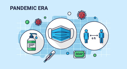 Pandemic era icons including face mask, hand sanitizer and social distancing