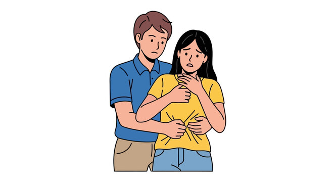 Man performs the heimlich maneuver on woman who is choking, showing lifesaving technique and emergency first aid in moment distress