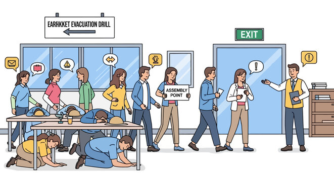 People evacuating building during an earthquake drill, showing some people taking cover under tables and others following instructions to exit