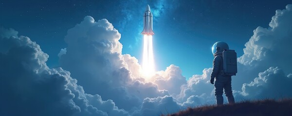 Astronaut watches rocket launch from cloud. Spacecraft blasts off into cosmic sky. Illustration portrays space exploration. Image represents cosmic journey into universe. Science fiction theme