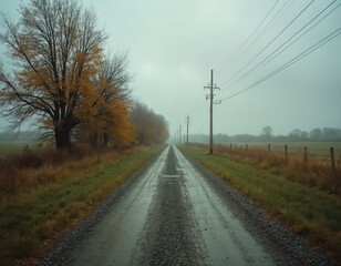 Rural gravel road under moody sky. Trees with autumn foliage along the way. Wet road leads to horizon on cloudy day. Countryside landscape photo presents natural beauty.