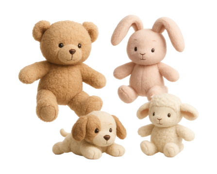 Soft animal plushies perfect for cuddling and nursery decor.