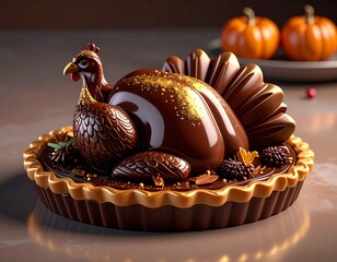 A magnificent chocolate turkey tart dessert adorned with gold for an opulent holiday celebration
