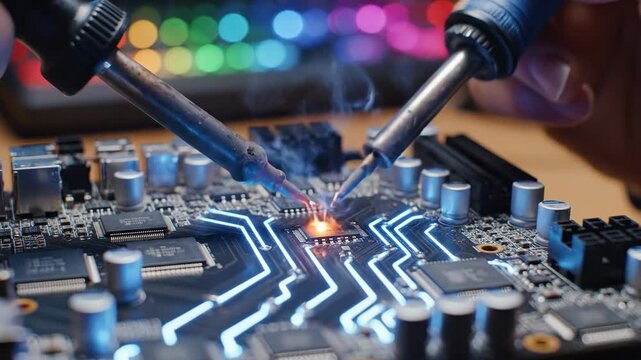 Extreme closeup macro of soldering iron on circuit board. Electronics assembly process with glowing components and rgb lights. Innovative tech footage for advertising innovation concepts.