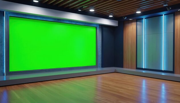 Virtual news studio with large green screen for chroma key. Modern television set with wooden floor, spotlights, blue lights. Empty room for broadcasting, live stream presentation. Pro TV production