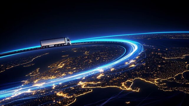 Global transport vehicle moving on glowing digital pathway. Worldwide logistics and information network concept.
