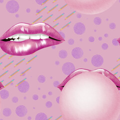 Pink sexy woman lips with lipgloss and chewing gum in retro seamless pattern for fashion beauty.Biting lower lip with teeth in retro comics style.Hand drawn illustration as symbol of the 80s and 90s
