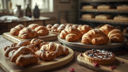An inviting artisanal bakery display featuring freshly baked golden croissants and a chocolate tart on rustic wooden boards
