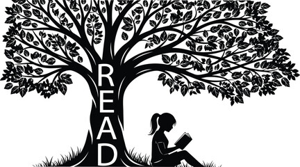 Black and white silhouette illustration of a focused student girl enjoying quiet reading time under a massive, knowledge-filled tree trunk with the motivational word 