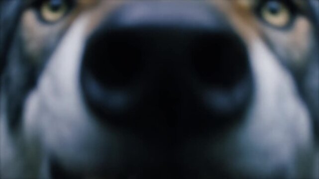 lobo gris realista emerge r&aacute;pidamente de un bosque oscuro y denso, mirando fijamente a la c&aacute;mara. El lobo se detiene brevemente, da un gru&ntilde;ido bajo, con la boca bien abierta.