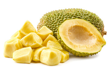 Fresh jackfruit chunks and a halved fruit offer a taste of the tropics, ideal for vibrant summer desserts, healthy eating, and exotic culinary adventures