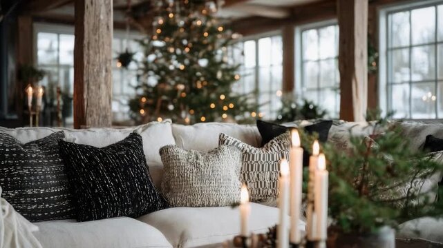 Cozy living room with a decorated Christmas tree, a pale sofa with patterned cushions, and lit candles on a wooden coffee table.
