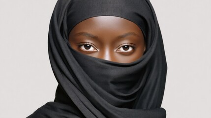 Naklejka premium A woman with a striking presence gazes confidently at the viewer, her face partially covered by a flowing black scarf. The neutral background enhances her serene beauty and poise