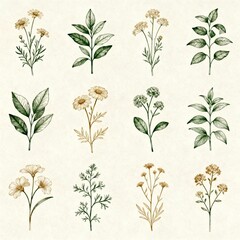 antique plant sketch with flowers and branches leaves