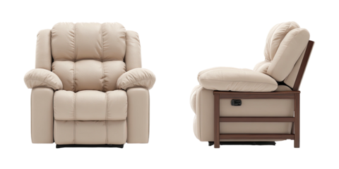 A two-view study of a beige upholstered recliner with wooden frame on a black background