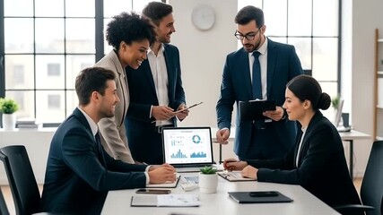 Dynamic team collaborating on a new project, strategizing and planning for success in a bright modern office, diverse group working together for business growth - Powered by Adobe