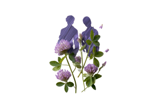 Silhouette figures embraced by natural florals. Artistic, serene, purple and green elements against black - Powered by Adobe