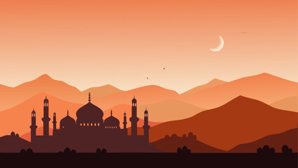 Obraz premium Silhouette of mosque with mountains and moon view