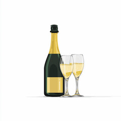 Obraz premium Champagne bottle and glasses with bubbles and cork, elegant New Year celebration illustration.