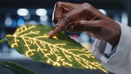 Dark-skinned hand gently touches green leaf in extreme closeup macro, illuminating its veins with golden glow. Symbolizing natures fusion with innovative energy for eco-tech advertising concepts.