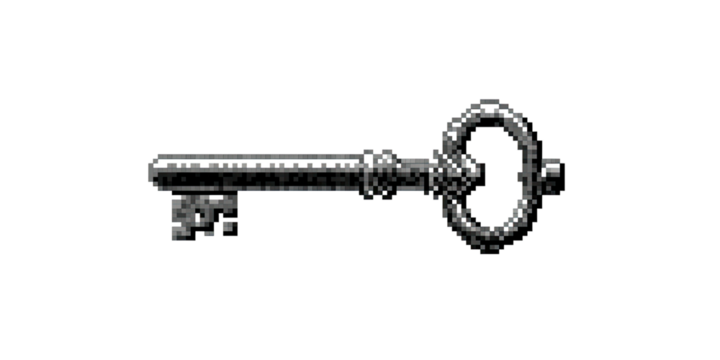 A detailed black and white illustration of an old ornate skeleton key