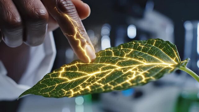 Scientists hand activating leaf with glowing energy in lab. Biotechnology experiment showing bioluminescent plant veins. Conceptual innovation footage for science advertising - Powered by Adobe