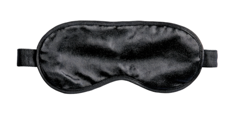 A black, silky eye mask rests on a dark background. It has an elastic strap for comfort