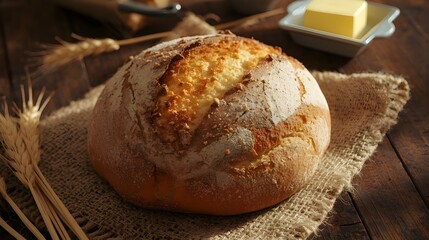 Golden-crusted, freshly baked rustic bread loaf, warm and inviting, elegantly placed on natural burlap beside golden wheat and creamy butter on a textured wooden table