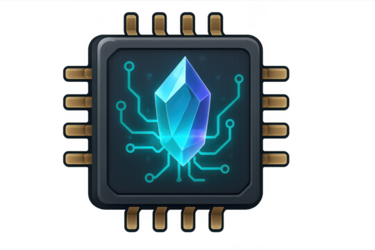 Cpu chip processing glowing blue crystal data