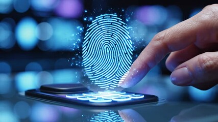 Hand pressing fingerprint onto glowing smartphone screen in sequence. Biometric unlock activation process. Secure digital identity verification technology footage for authentication concepts. - Powered by Adobe