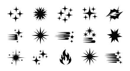 Set of sparkle and shine icons, star burst effects, magic glittering symbols, light glow vector graphic collection. isolated on white background, Vector, illustration