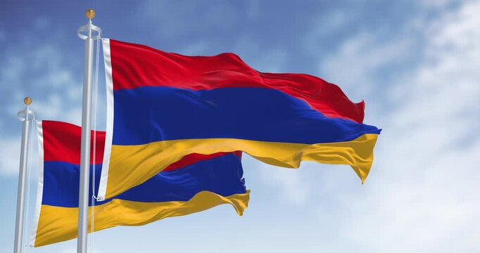 The national flags of Armenia waving in the wind on a clear day