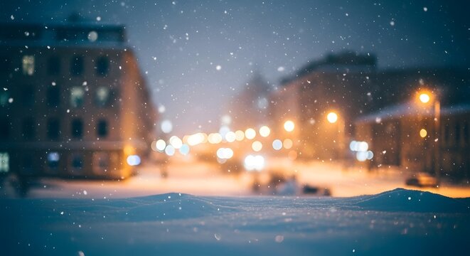 Blurred winter city street during a heavy snowfall