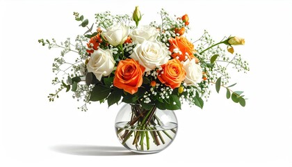 A vibrant bouquet of white and orange roses in a clear glass bowl