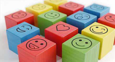 Colorful wooden blocks with various facial expressions, representing emotions and feelings, perfect for educational materials and creative designs that pop.