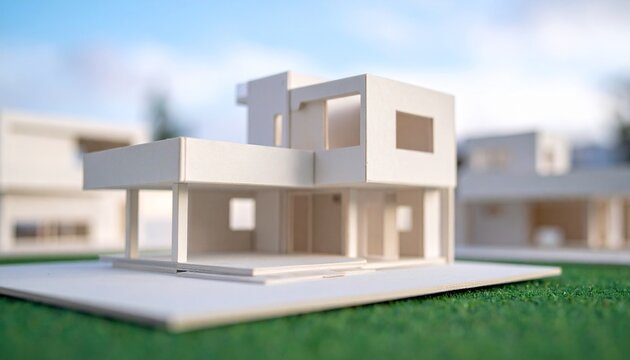 青空の下に広がる緑の芝生の上に置かれたモダンなデザインの白い建築模型 - Powered by Adobe