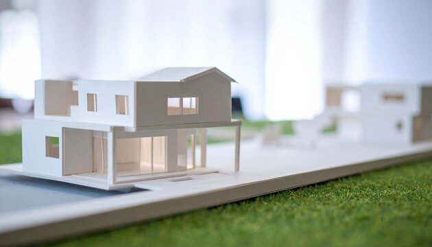 精巧に作られた白い住宅模型が緑の人工芝の上に展示され内部の光が暖かく灯る