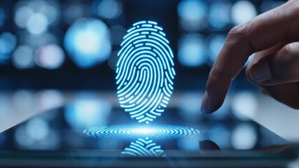 Woman scanning glowing fingerprint on tablet for biometric authentication. Digital security access concept with holographic interface. Innovative technology footage for secure login ideas - Powered by Adobe