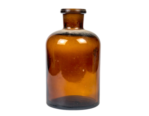 empty amber glass medicine bottle standing upright with narrow neck on isolated background